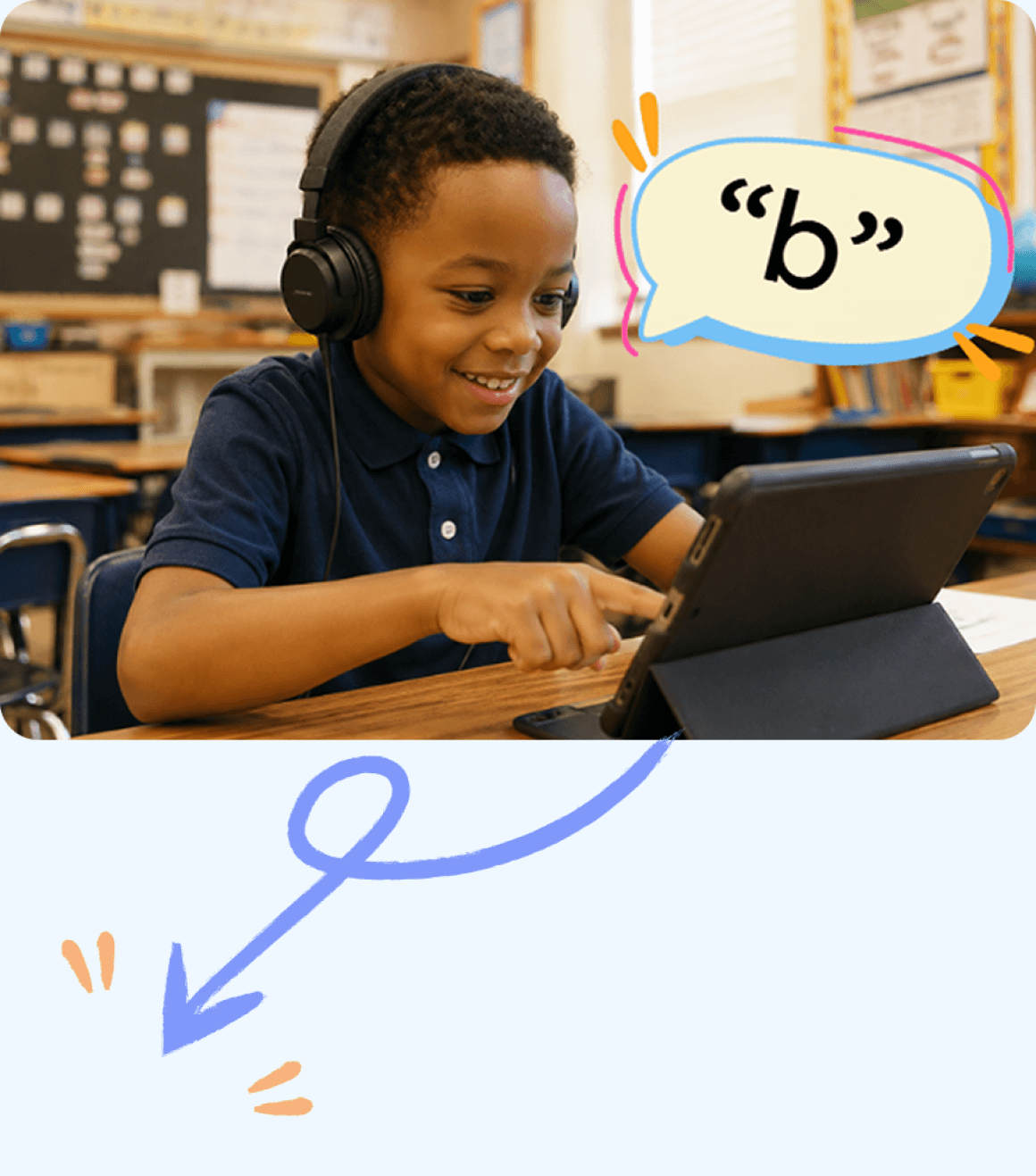 A child in headphones smiling at a tablet lesson that speaks the letter b
