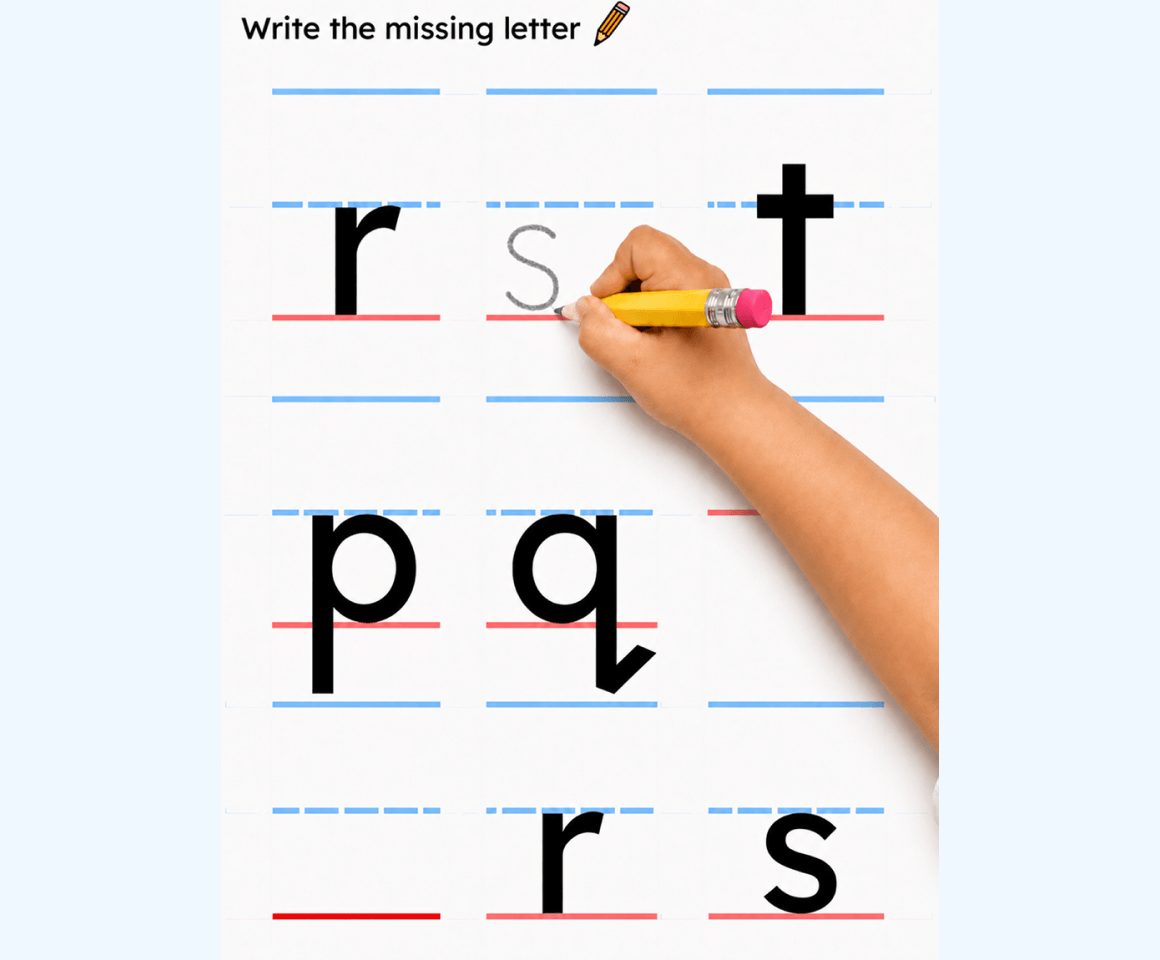 A child writing the missing letters on a lined workbook page
