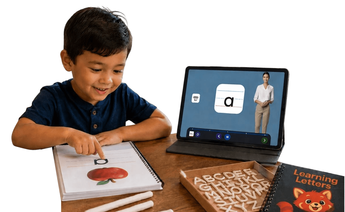 A child tracing a letter in a workbook beside a tablet lesson and alphabet clay letters