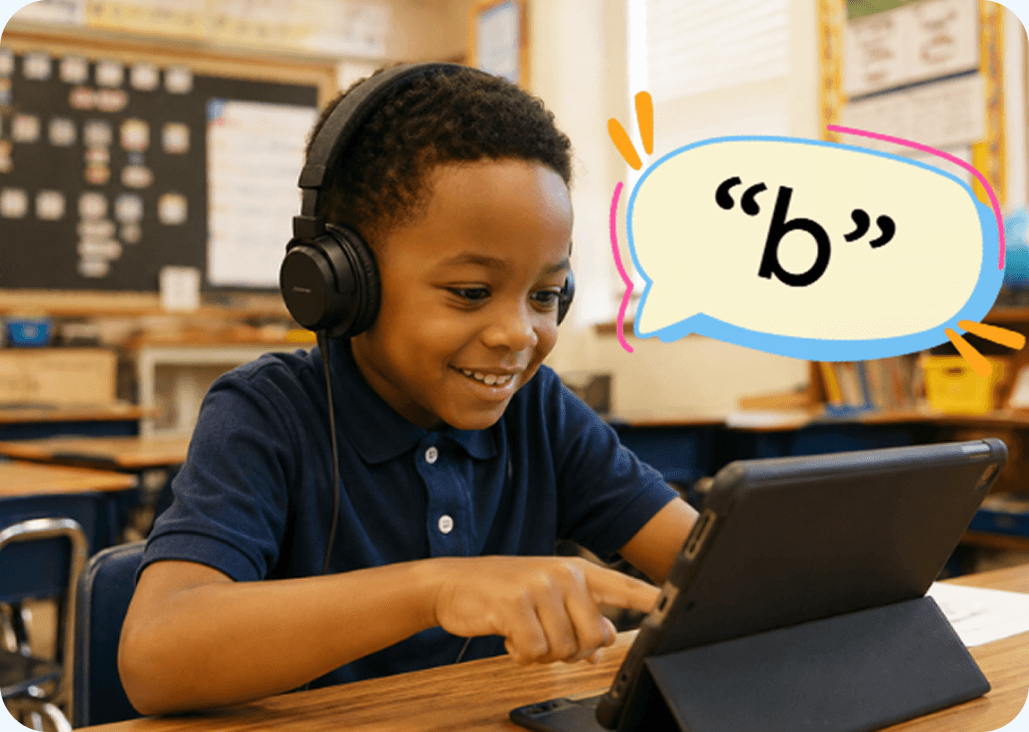 A child in headphones smiling at a tablet lesson that speaks the letter b