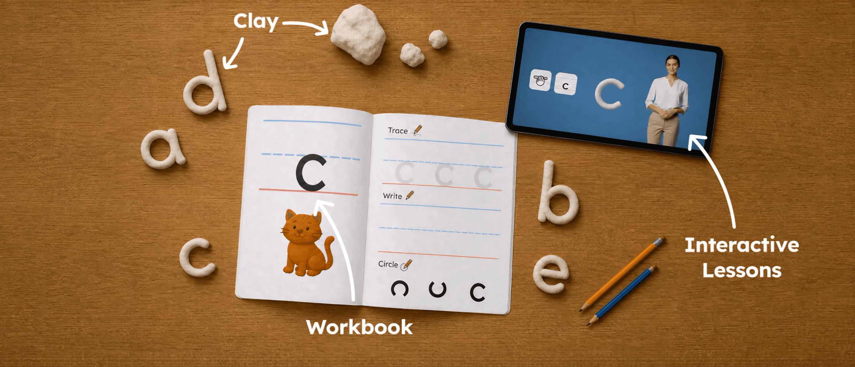 Clay letters, a workbook, and a tablet lesson laid out on a desk