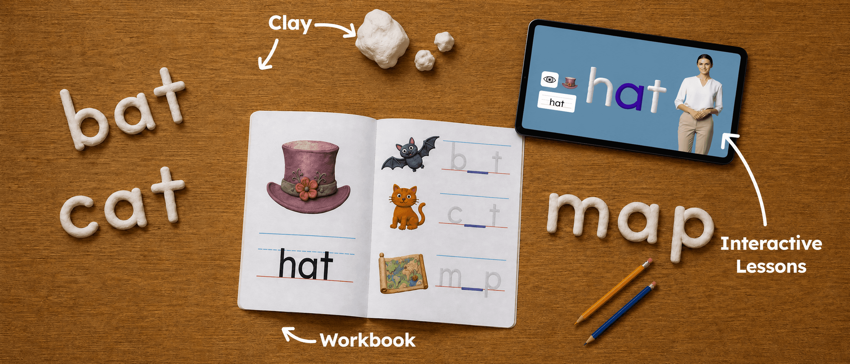 Clay letters, a workbook, and a tablet lesson laid out on a desk