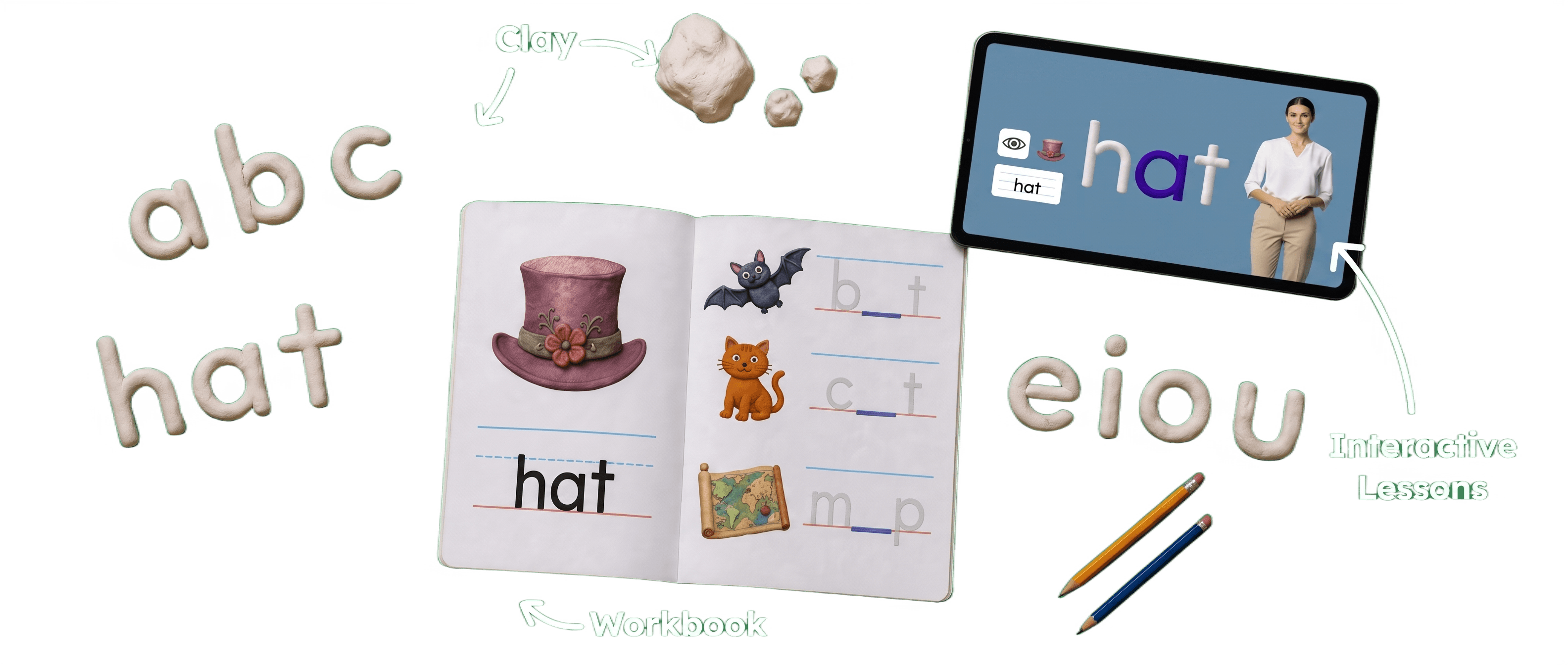 Clay letters, a phonics workbook, and a tablet running an interactive reading lesson, laid out on a desk