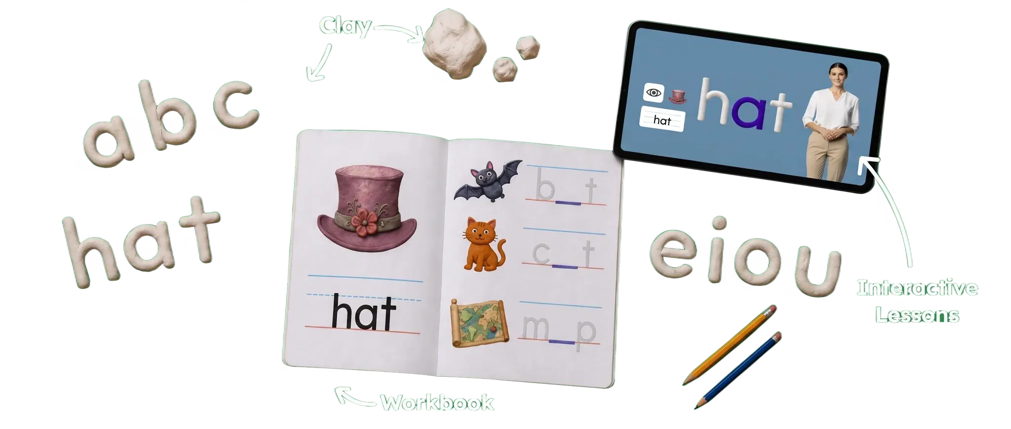Clay letters, a phonics workbook, and a tablet running an interactive reading lesson, laid out on a desk