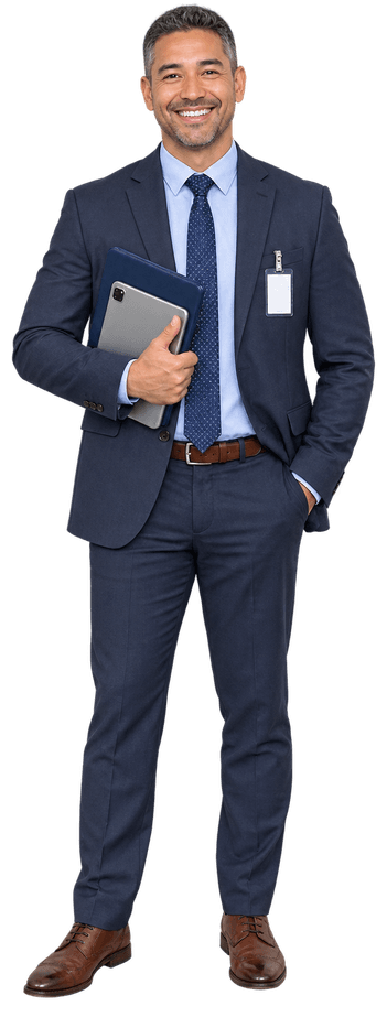 A school administrator holding a tablet