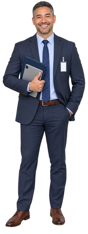 A school administrator holding a tablet