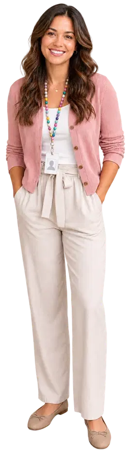 A classroom teacher wearing a lanyard