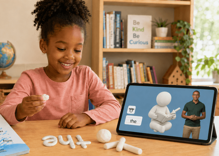 A student holding clay beside a tablet lesson, with the word ‘the’ built in clay on the desk