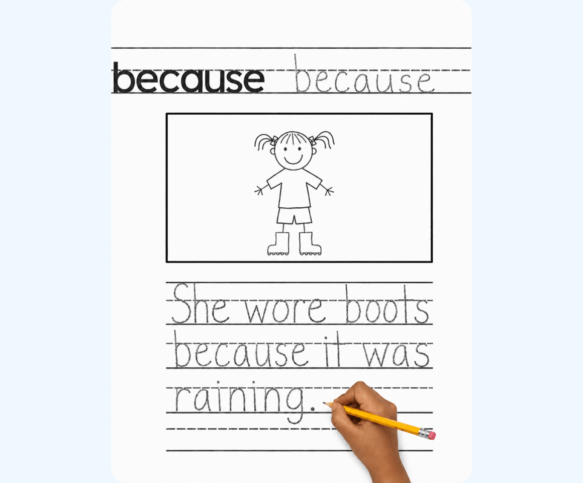 A student writing a word in a workbook