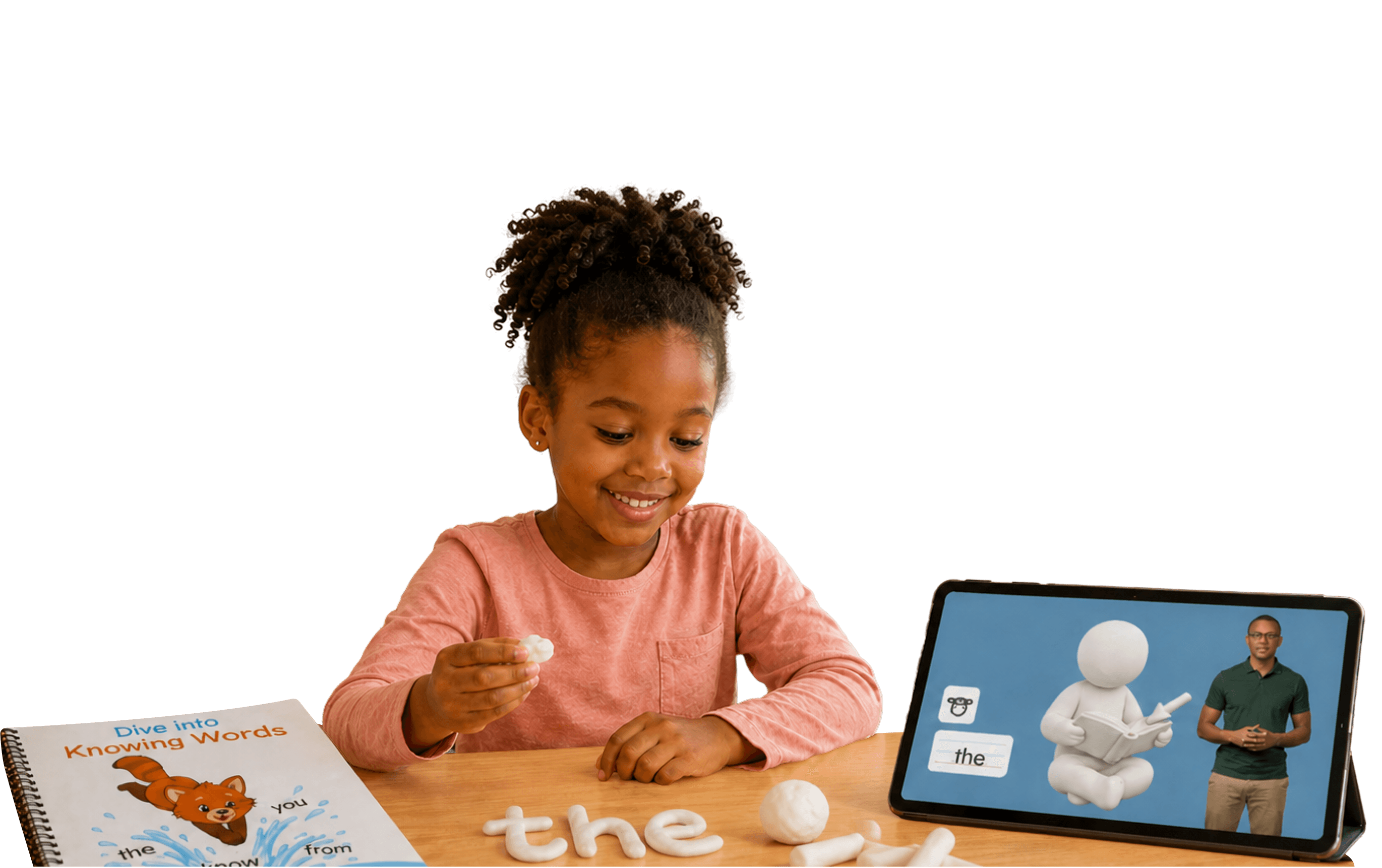 A child building a word with clay letters beside a tablet lesson