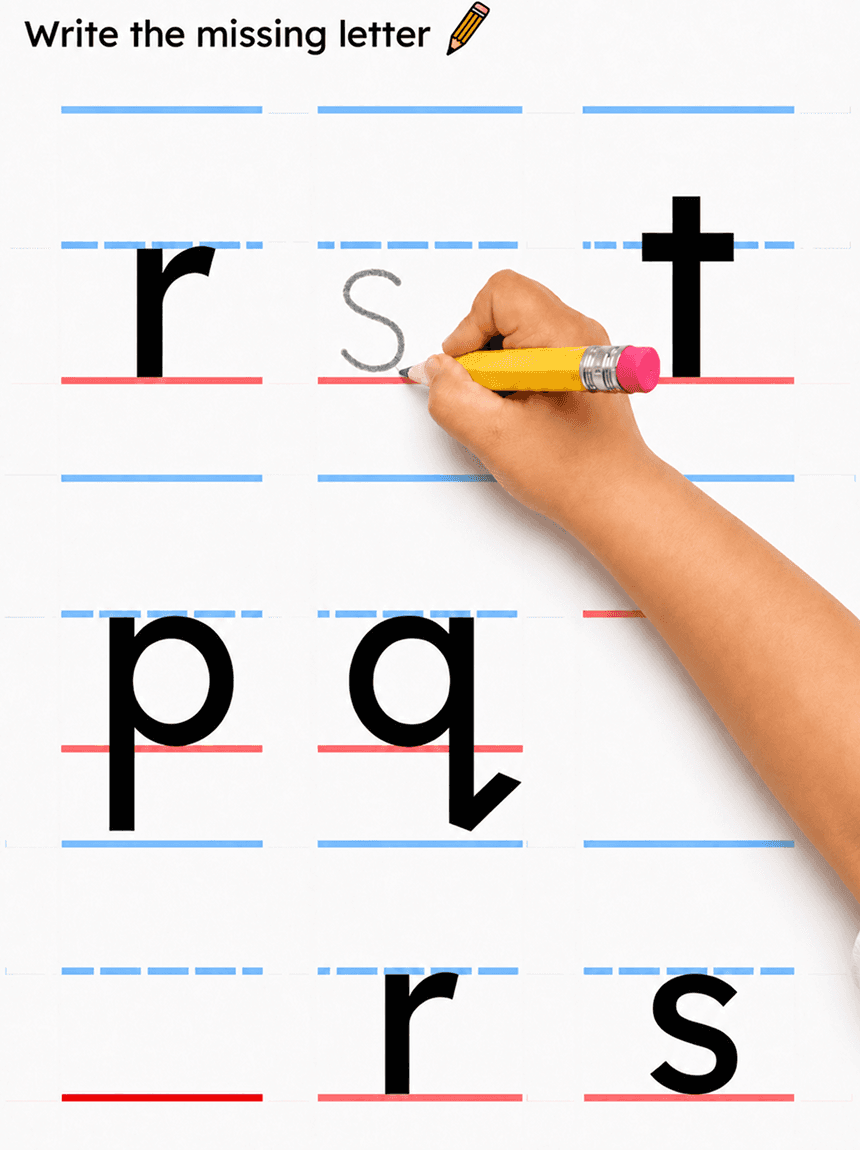 A child's hand tracing letters in a Learning Letters workbook