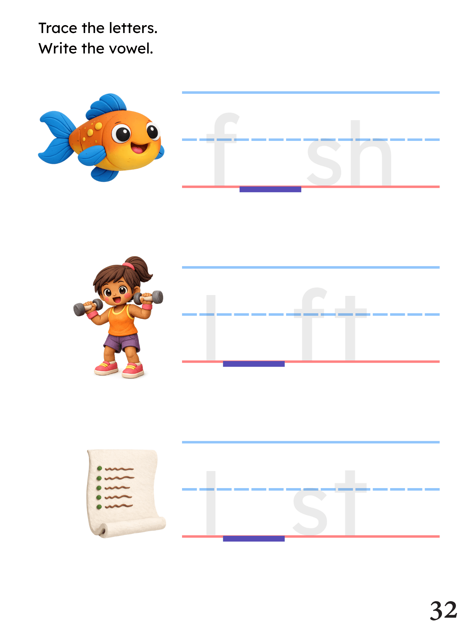A child's hand writing a word in a Seeing Words workbook