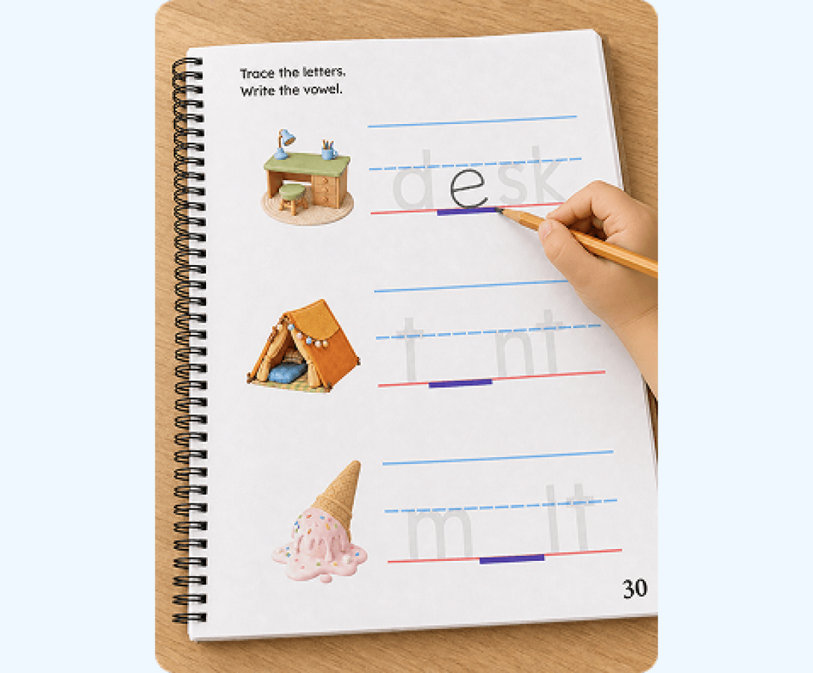 A student writing a word in a workbook