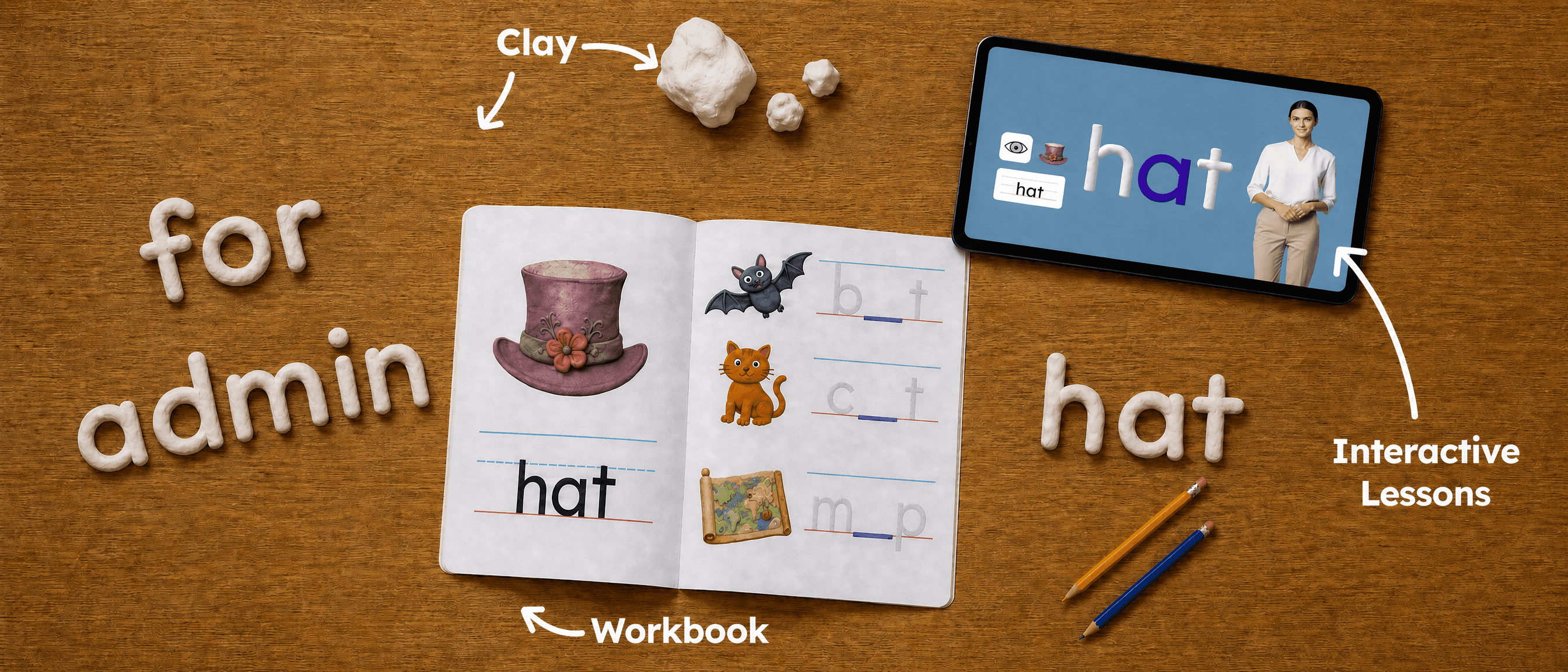 A workbook, clay letters, and a tablet running an interactive lesson on a wood desk, with clay lettering reading 'for admin'